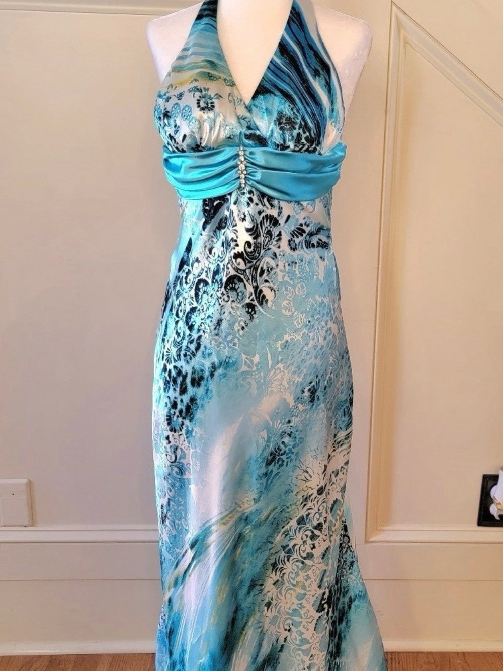 Deb Aqua and White Halter Maxi Dress